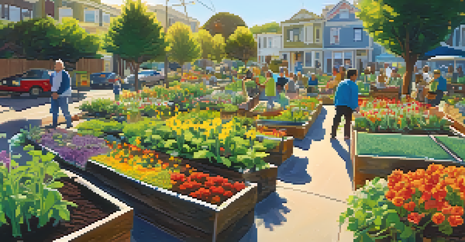 A community garden in San Francisco with residents gardening, colorful flowers, and sunlight filtering through trees.