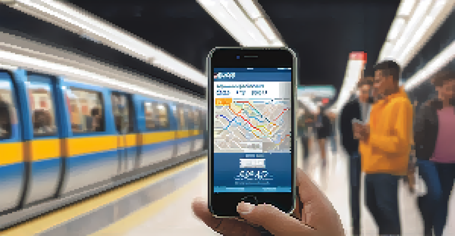 A close-up of a commuter using a mobile app for purchasing a transit ticket in a subway station in San Francisco.