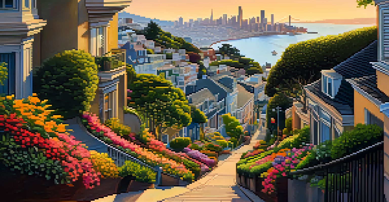 A scenic view of Lombard Street, featuring its famous curves, colorful flowers, and the San Francisco skyline during sunset.