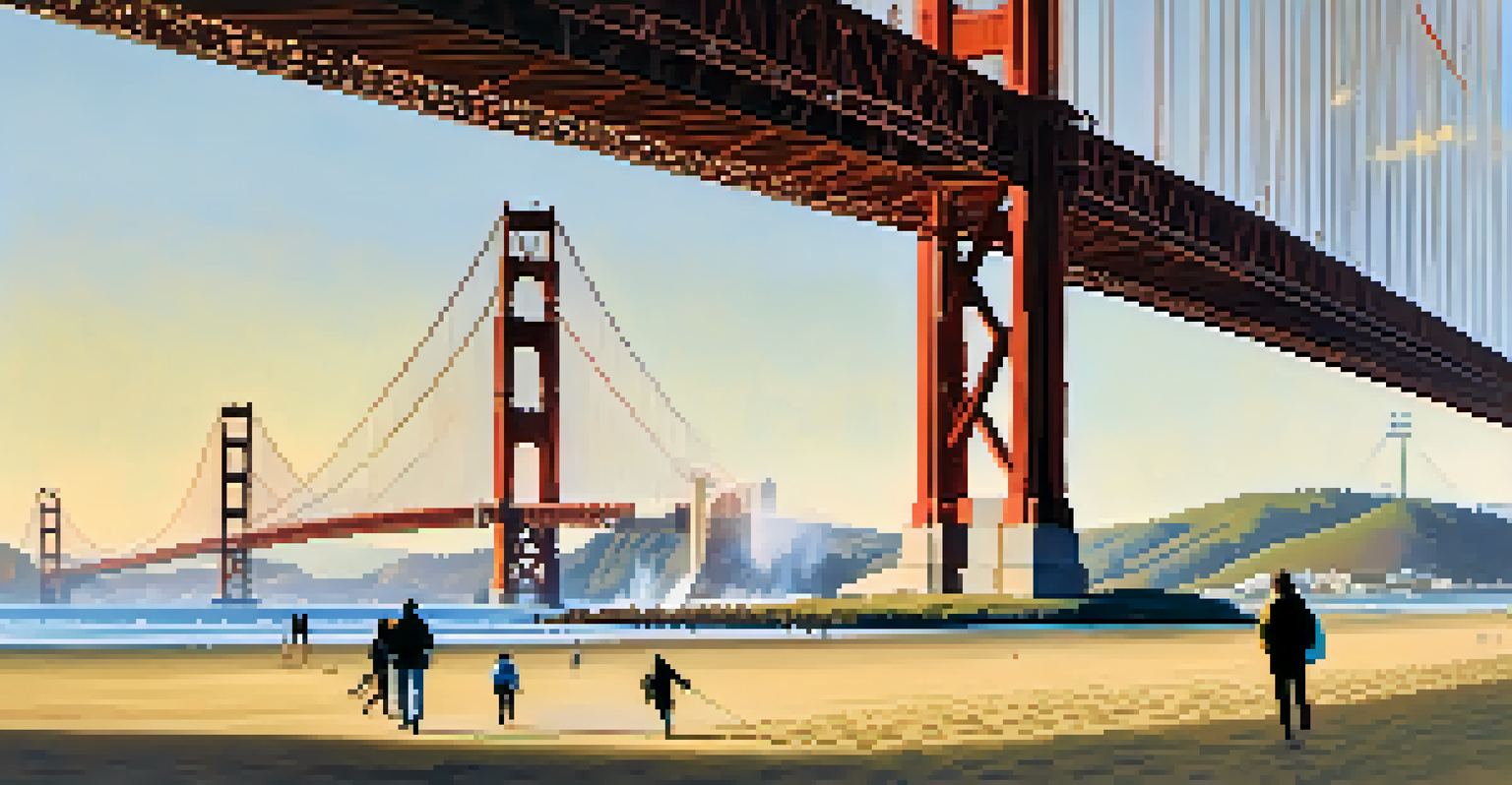 A scenic view of Crissy Field with a sandy beach, people enjoying outdoor activities, and the Golden Gate Bridge in the background.