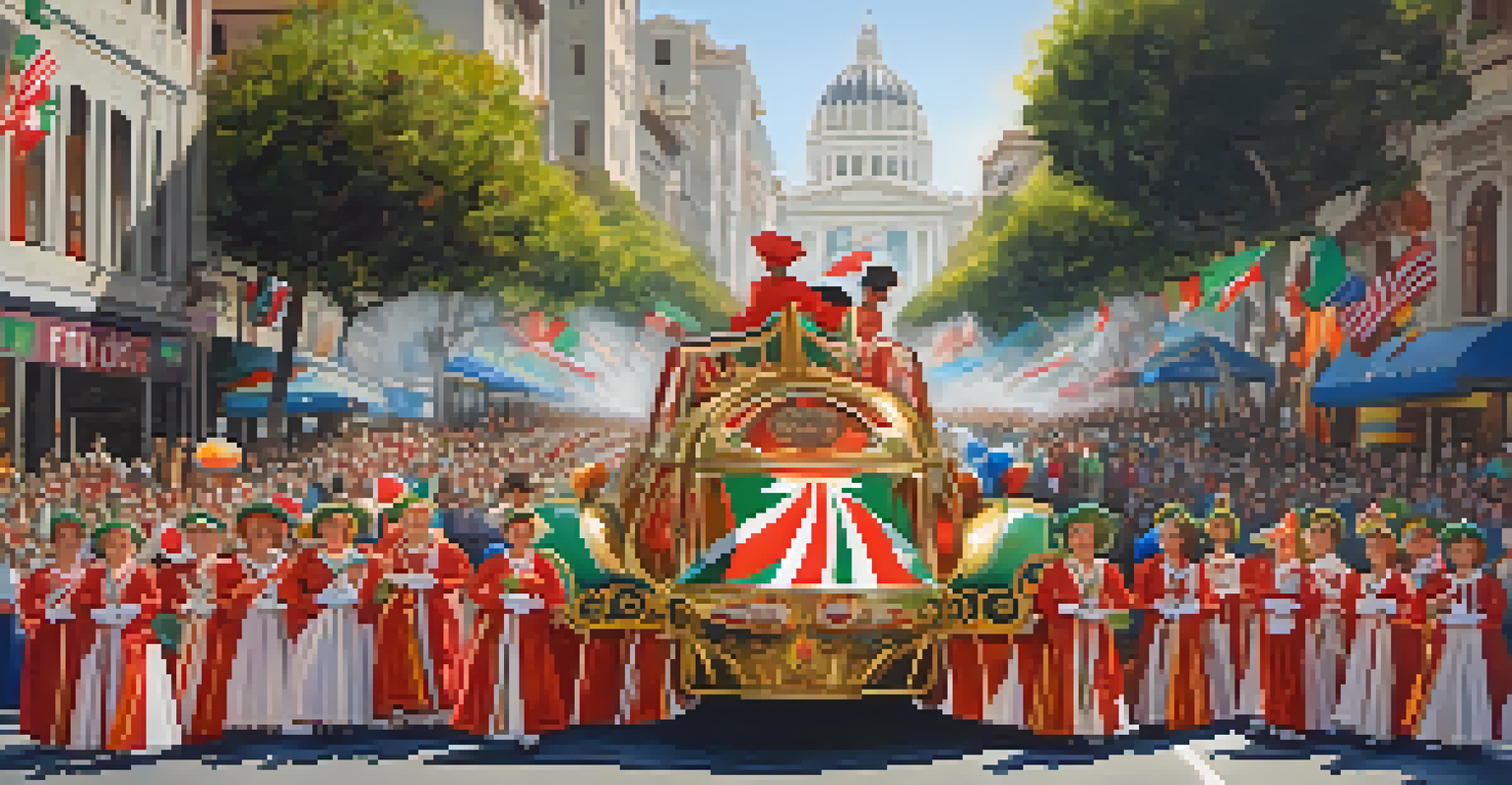 An Italian Heritage Parade showcasing a colorful float and participants in traditional costumes, with a crowd of enthusiastic onlookers.