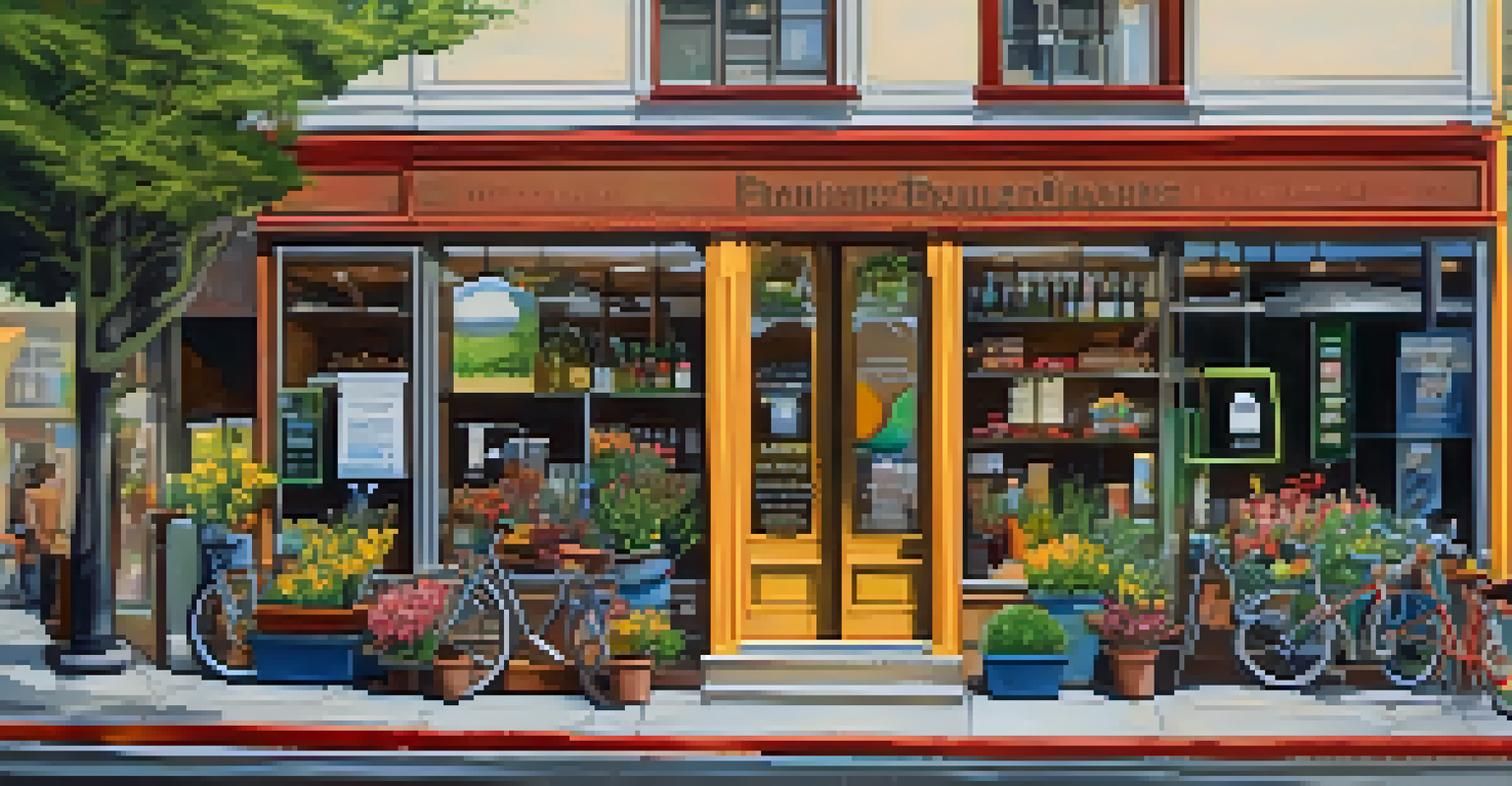 Close-up of an eco-friendly storefront in San Francisco with a bicycle rack and a flowering tree, promoting sustainability.