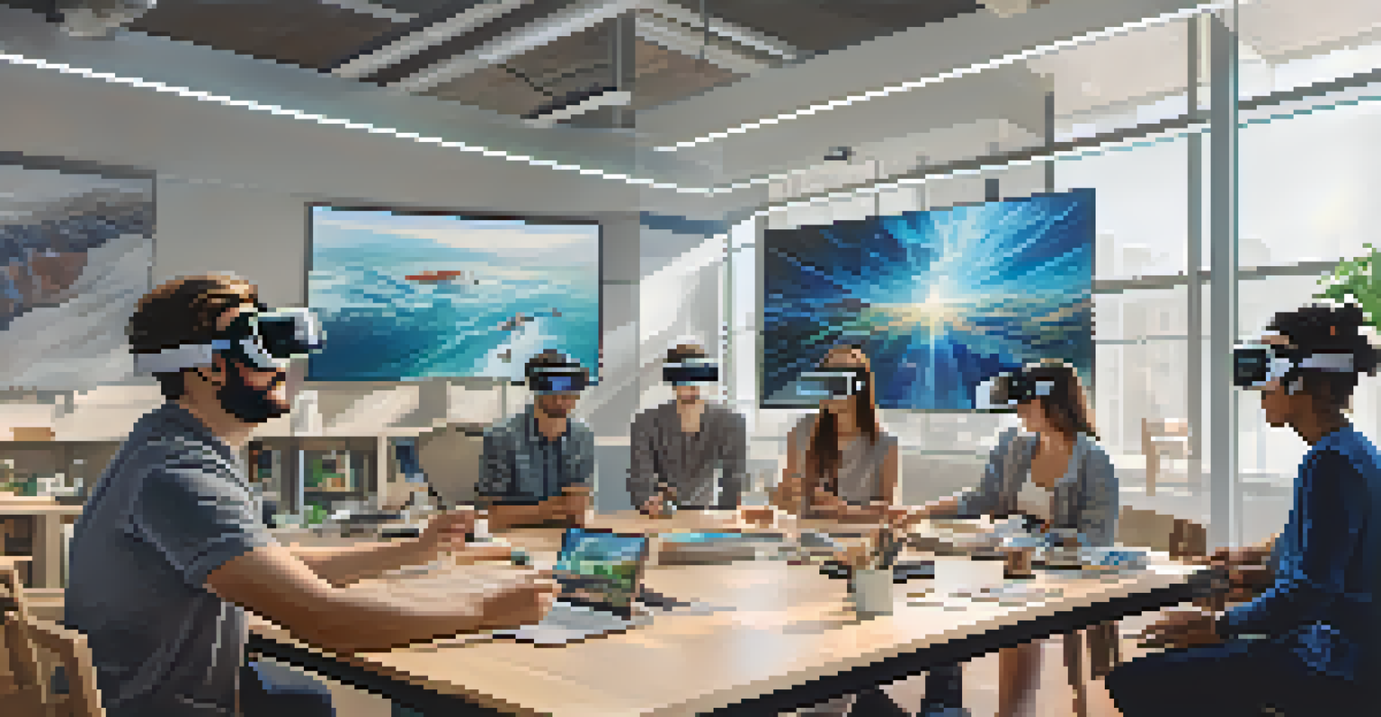 A group of young professionals in a bright room, participating in a virtual reality workshop with VR headsets and holographic displays.