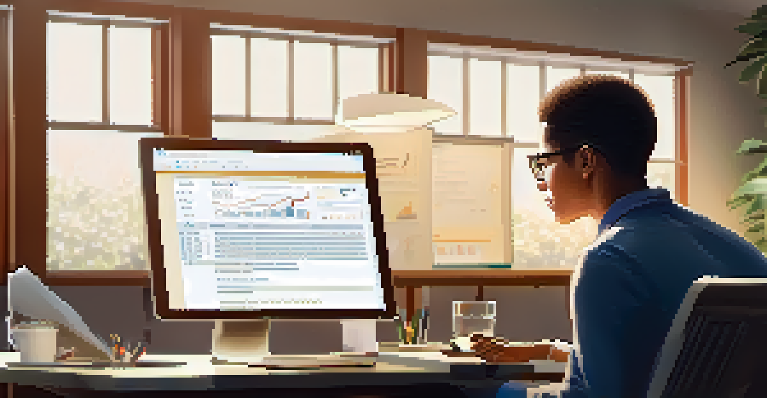 An adult learner engaged in a data analytics course at a modern workspace, surrounded by study materials.