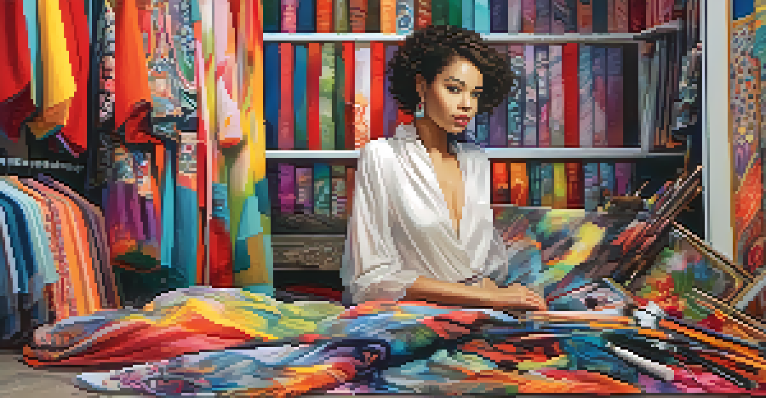 A fashion designer in a studio showcasing hand-painted garments, surrounded by fabric and vibrant artwork.