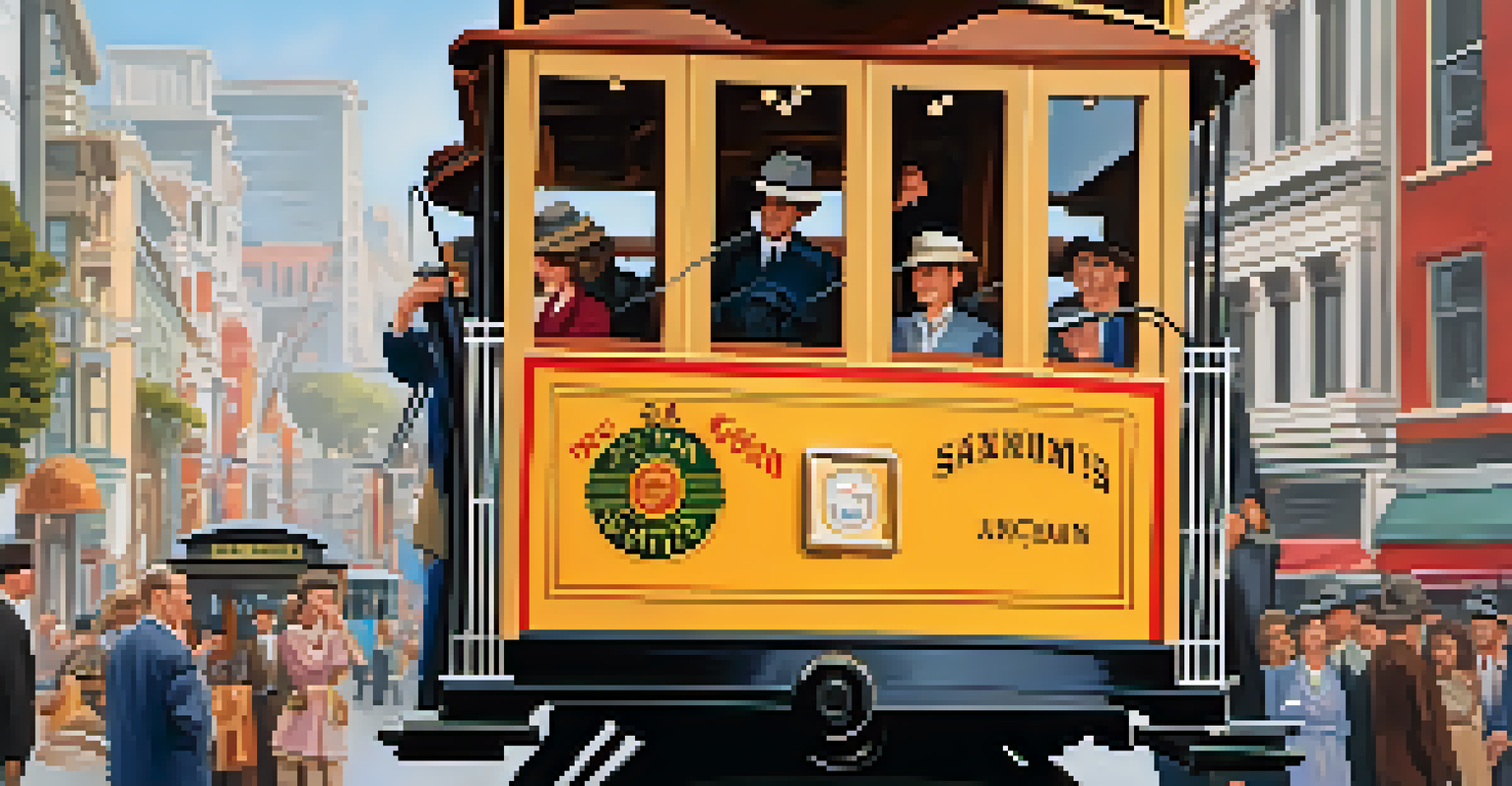 A close-up of a gripman ringing the bell on a San Francisco cable car, with blurred passengers and streets in the background.