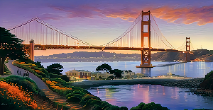 A panoramic sunset view of San Francisco's skyline with the Golden Gate Bridge, surrounded by greenery and people.