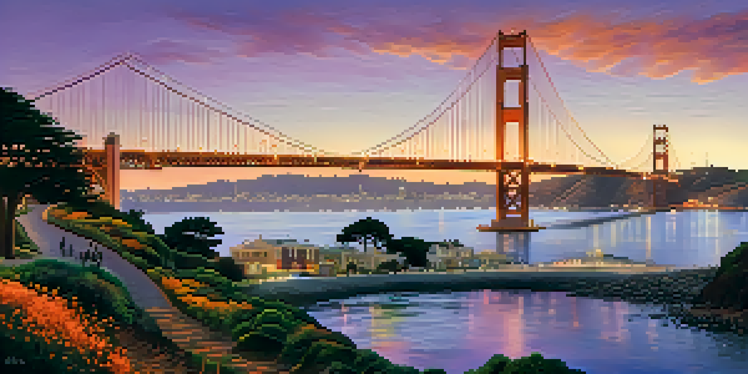 A panoramic sunset view of San Francisco's skyline with the Golden Gate Bridge, surrounded by greenery and people.