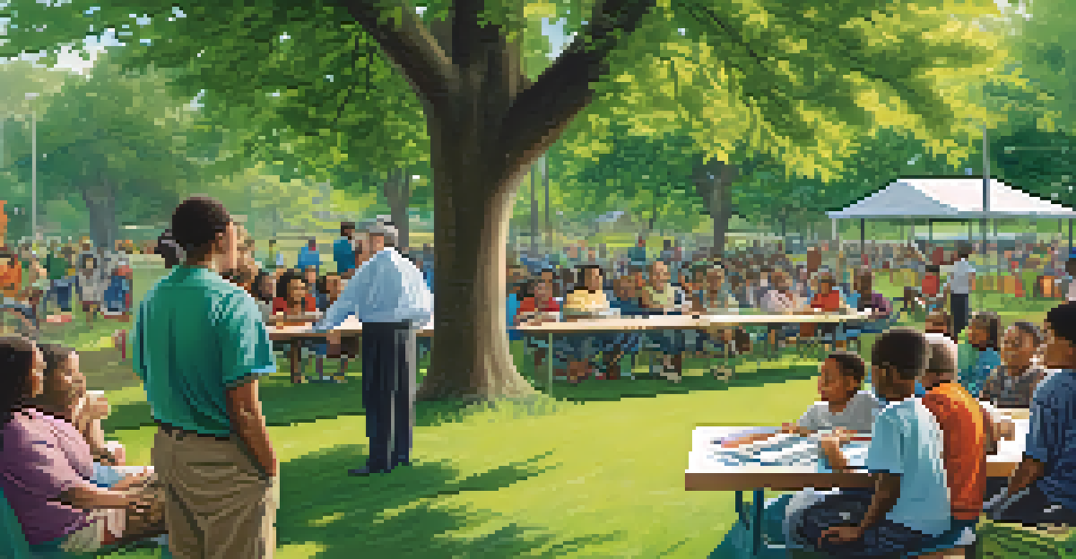 Residents of different backgrounds gathered in a park for a community meeting, discussing neighborhood issues with greenery around.