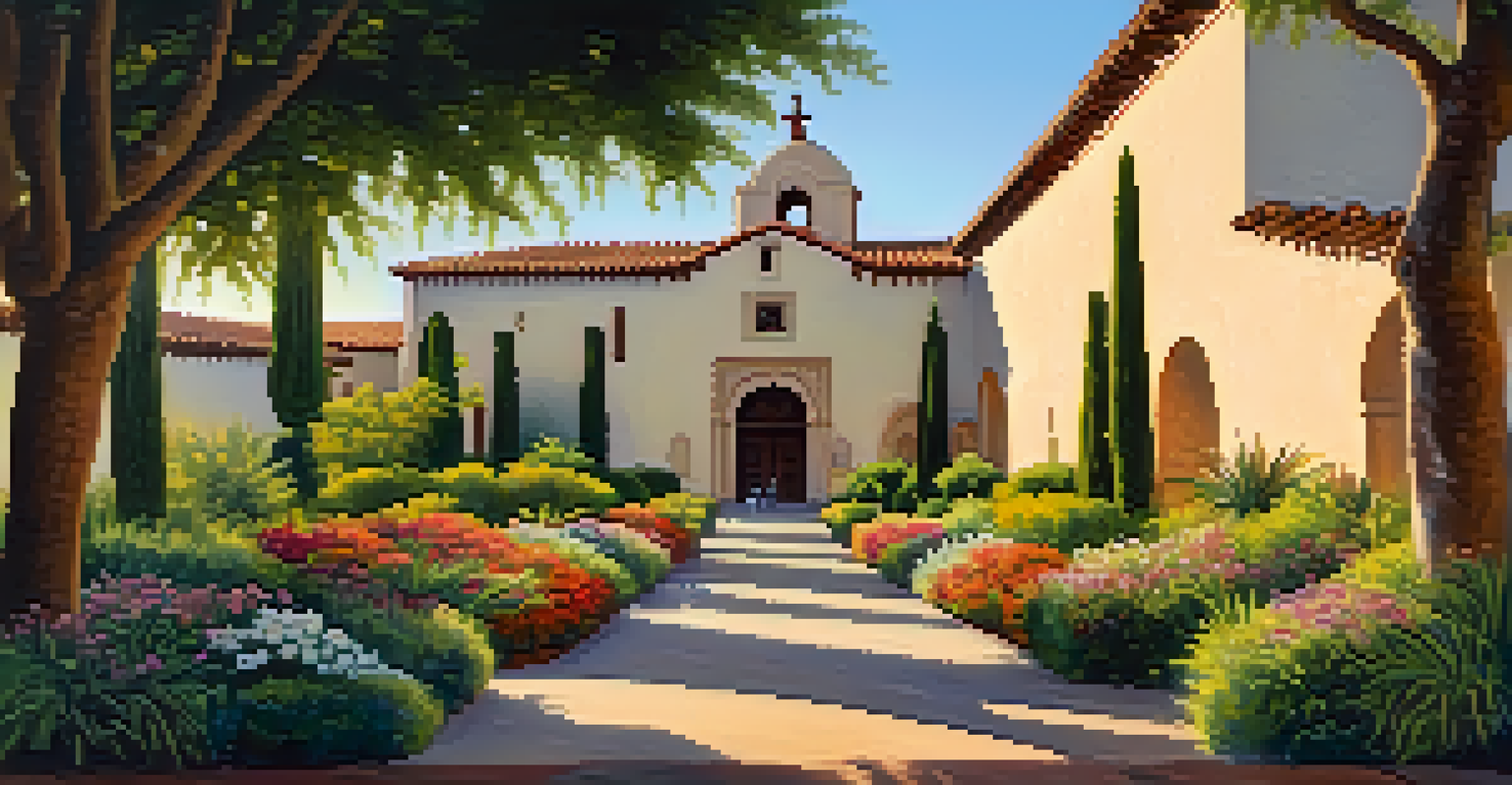 A panoramic view of the Mission San Francisco de Asís, showcasing its beautiful architecture and gardens during golden hour.