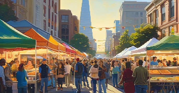 A lively street food festival in San Francisco with colorful stalls and people enjoying various cuisines under warm sunlight.