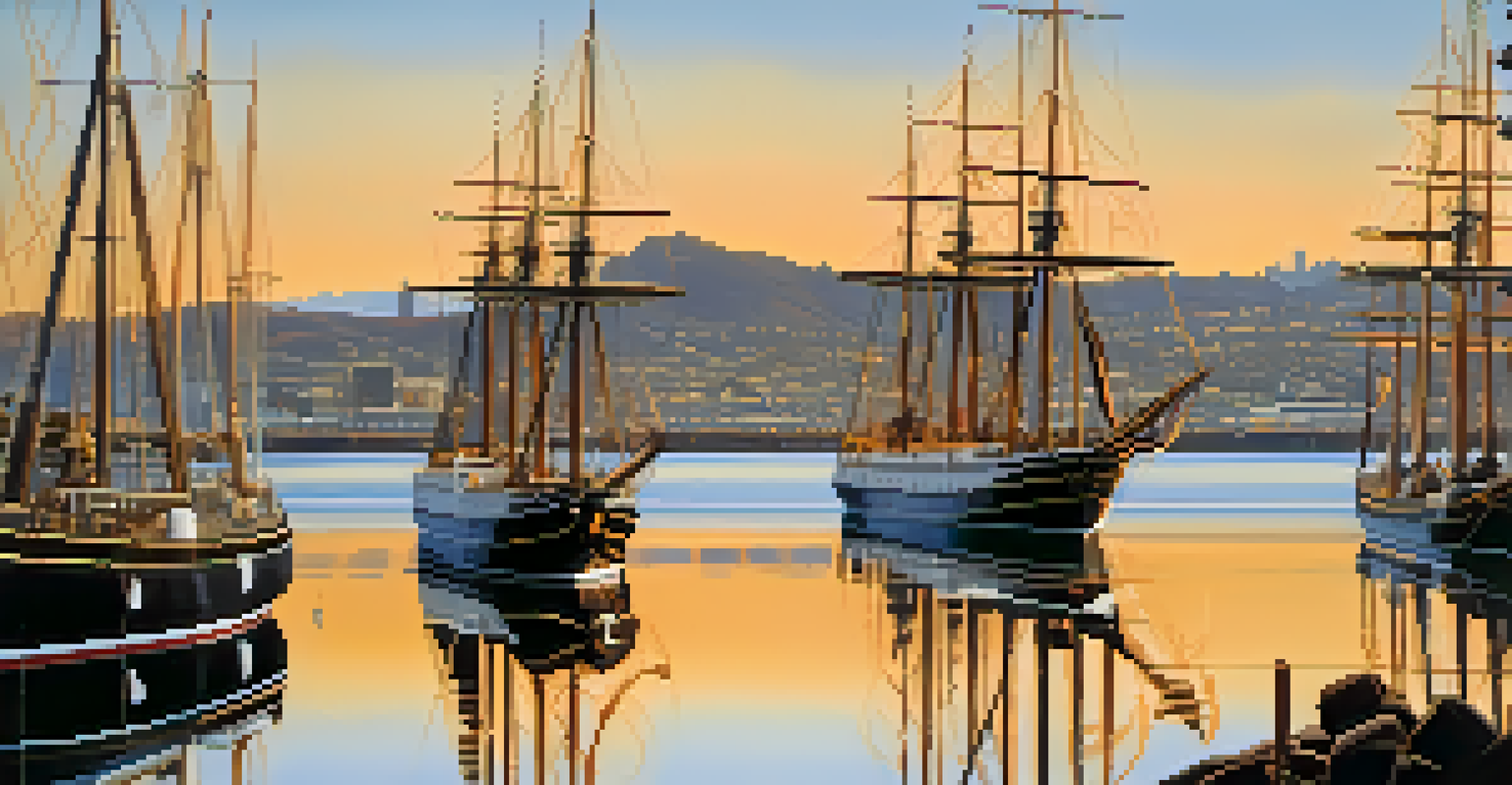Historic ships at the San Francisco Maritime National Historical Park during sunset, with calm water reflections.