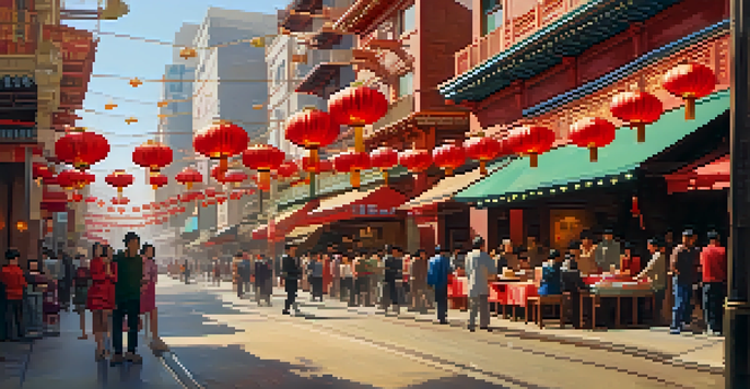 A lively street in San Francisco's Chinatown filled with people, red lanterns, and colorful shops under warm sunlight.