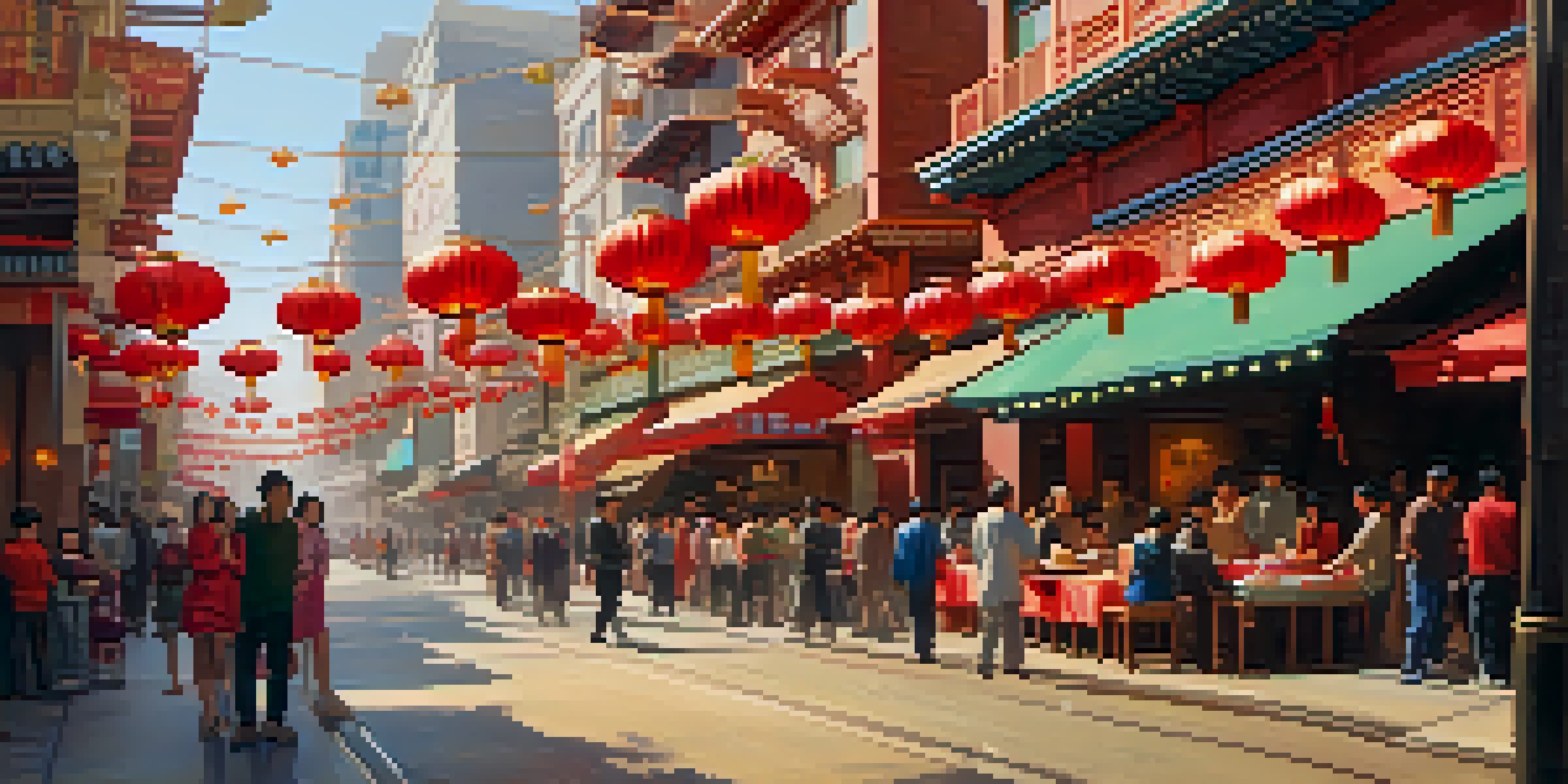 A lively street in San Francisco's Chinatown filled with people, red lanterns, and colorful shops under warm sunlight.