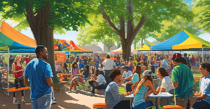 A sunny community event with diverse groups discussing substance abuse awareness, colorful banners, and people engaged in conversation.