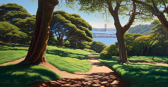 A picturesque view of the Presidio with green trails and the Golden Gate Bridge visible in the background under a bright blue sky.