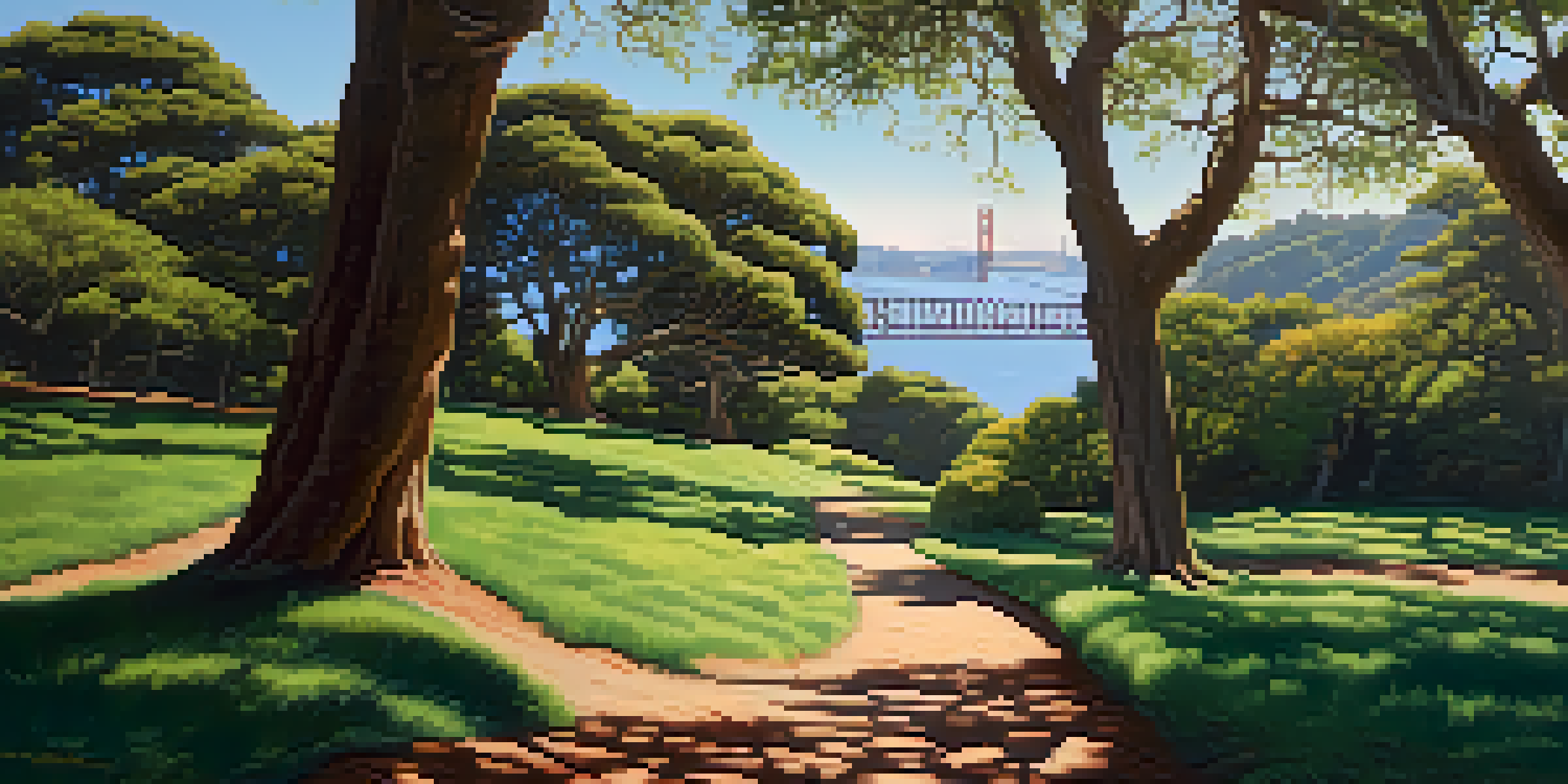 A picturesque view of the Presidio with green trails and the Golden Gate Bridge visible in the background under a bright blue sky.