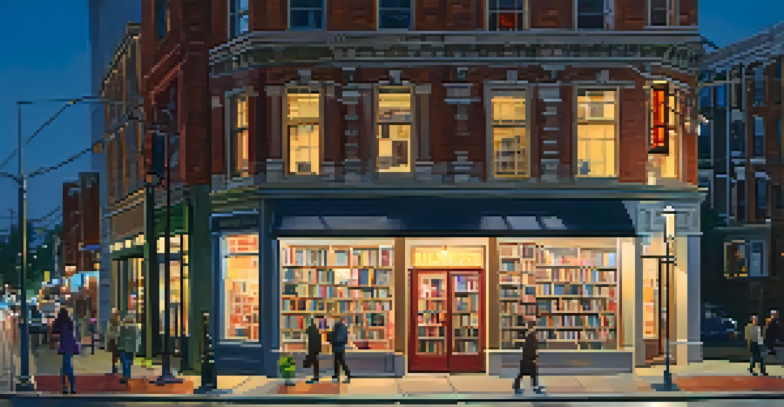 The iconic City Lights Bookstore in San Francisco, with a glowing neon sign and people browsing outside in a cozy evening setting.