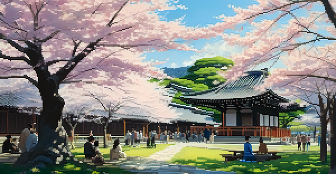 A tranquil view of cherry blossoms in bloom at a Kyoto temple, with people picnicking beneath the trees and sunlight creating patterns on the ground.
