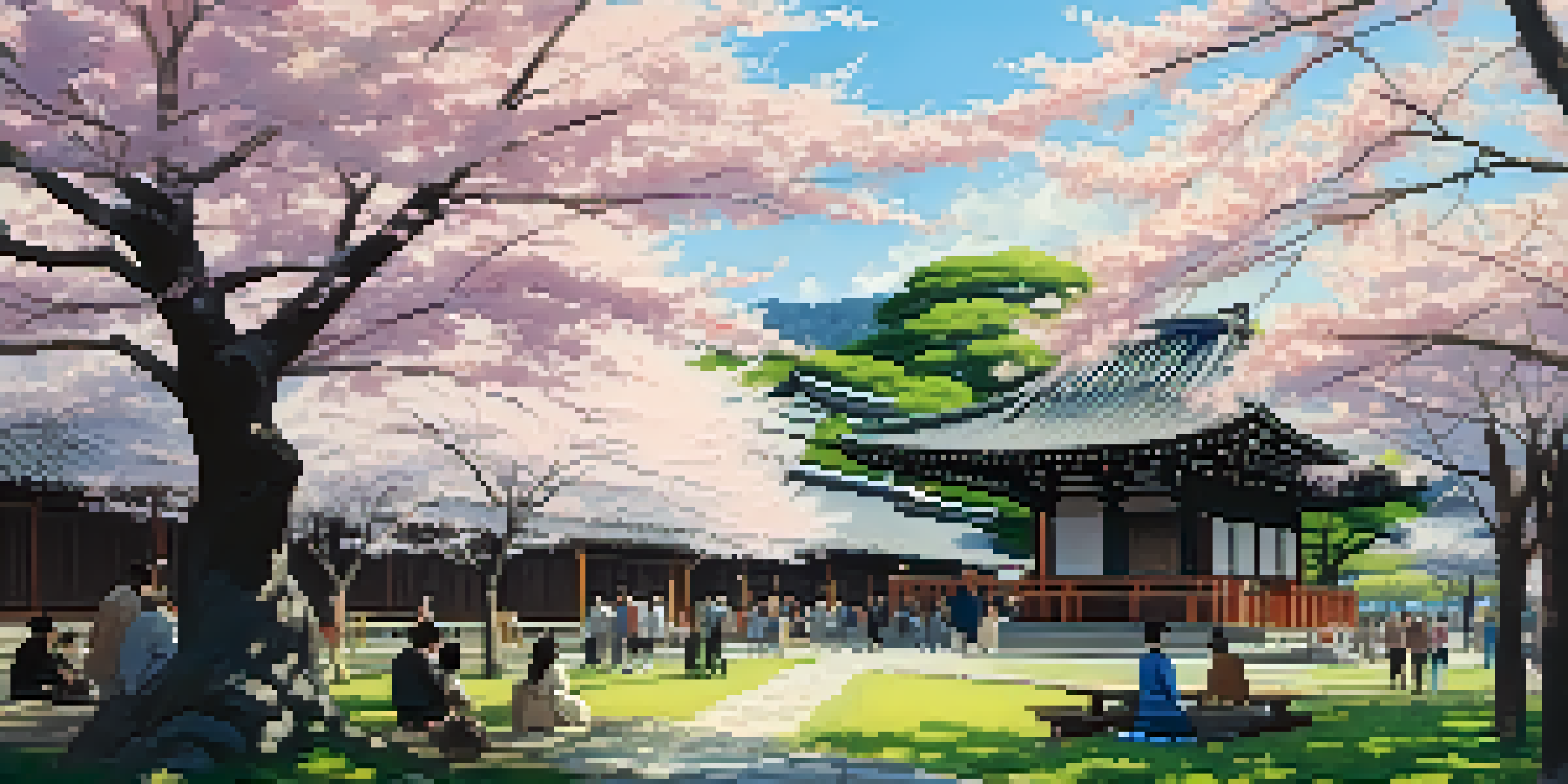 A tranquil view of cherry blossoms in bloom at a Kyoto temple, with people picnicking beneath the trees and sunlight creating patterns on the ground.