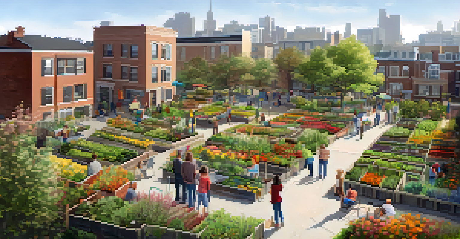 Aerial view of a community garden with various crops and people enjoying a picnic.