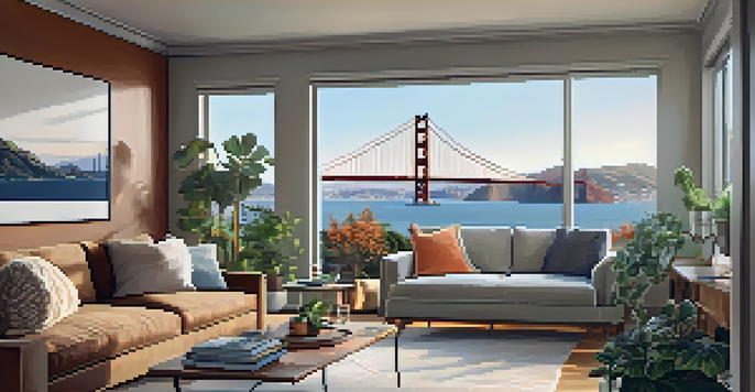 A bright and cozy apartment interior in San Francisco with a view of the Golden Gate Bridge, decorated with plants and modern furniture.