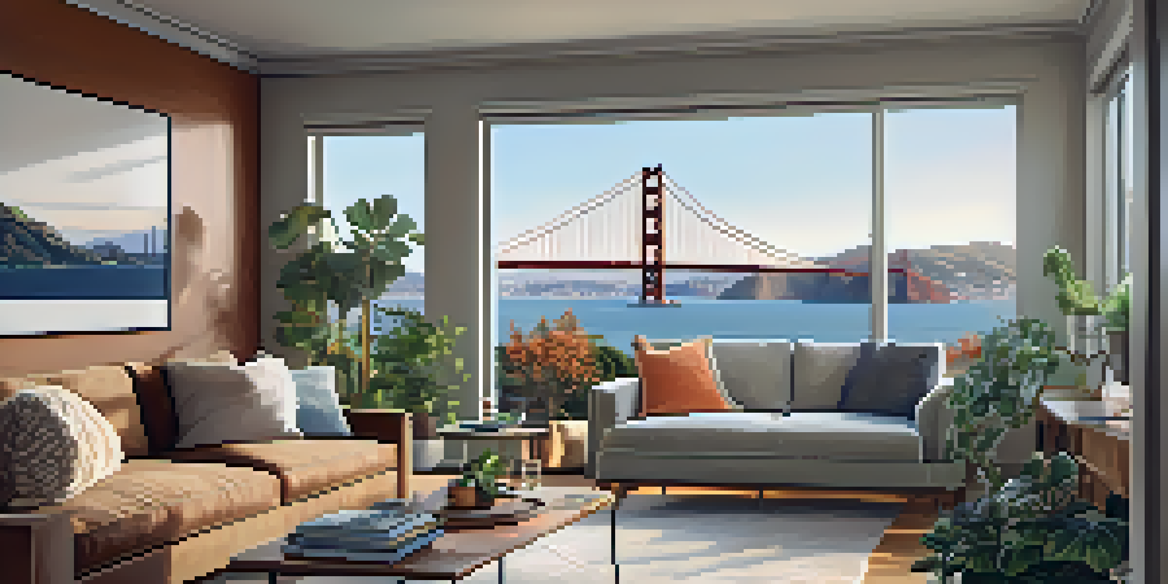 A bright and cozy apartment interior in San Francisco with a view of the Golden Gate Bridge, decorated with plants and modern furniture.