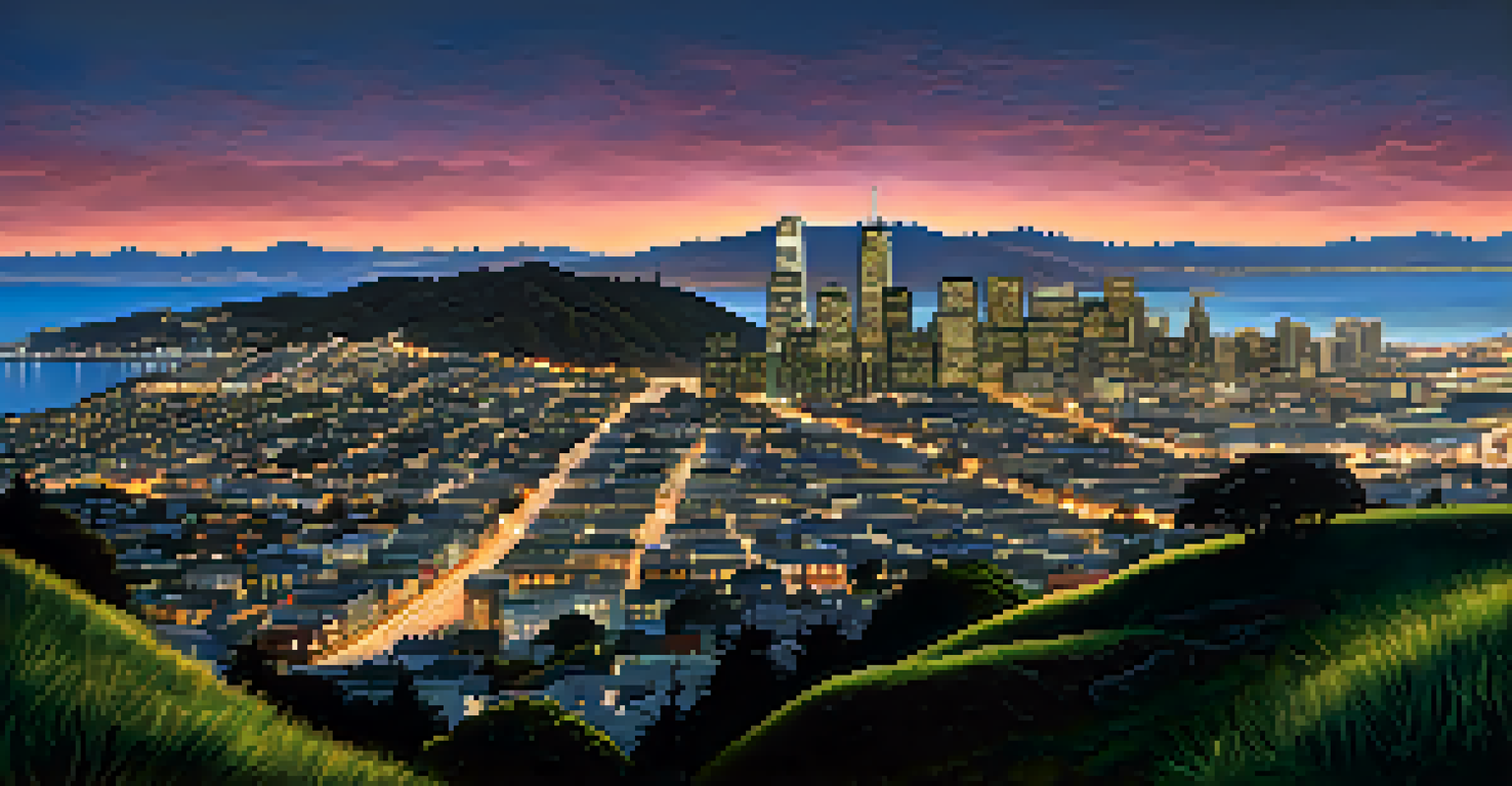 A dusk view from Twin Peaks showing the San Francisco skyline illuminated by city lights.