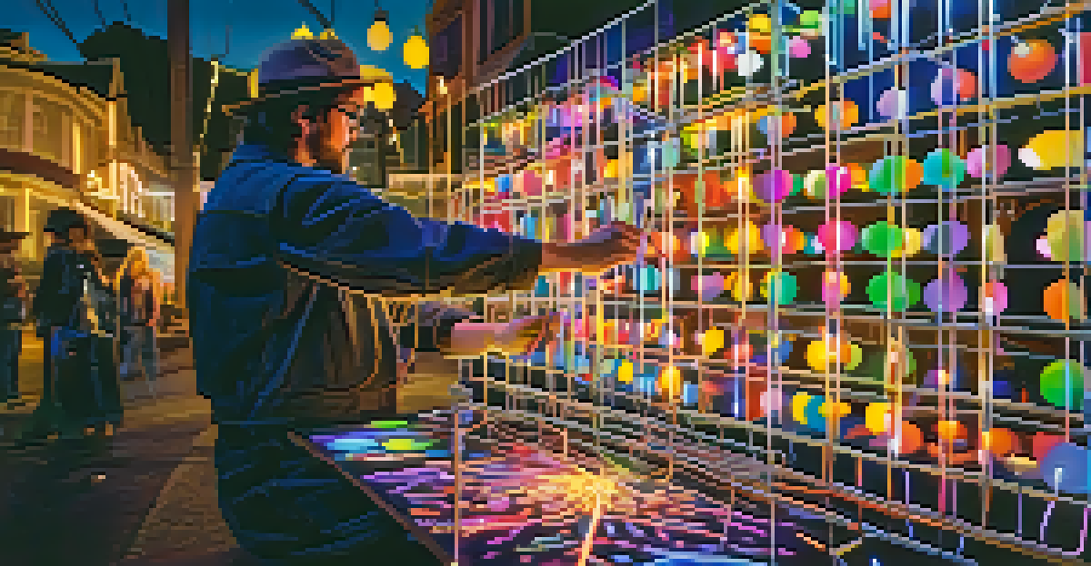An artist working on a light installation at a festival, with colorful lights and a crowd in the background.