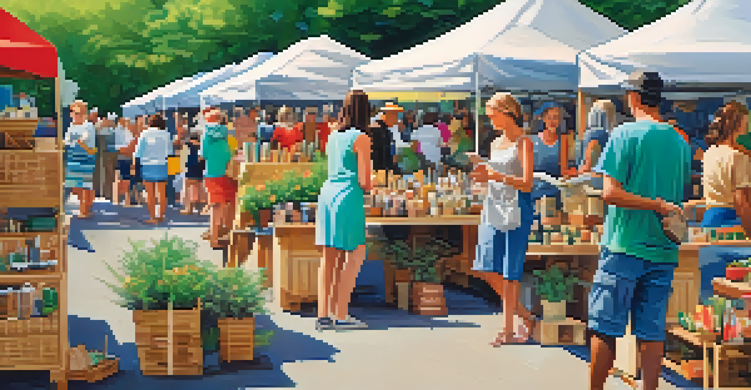 A craft market booth showcasing eco-friendly products made from recycled materials, with a vendor demonstrating to interested shoppers amidst a green backdrop.