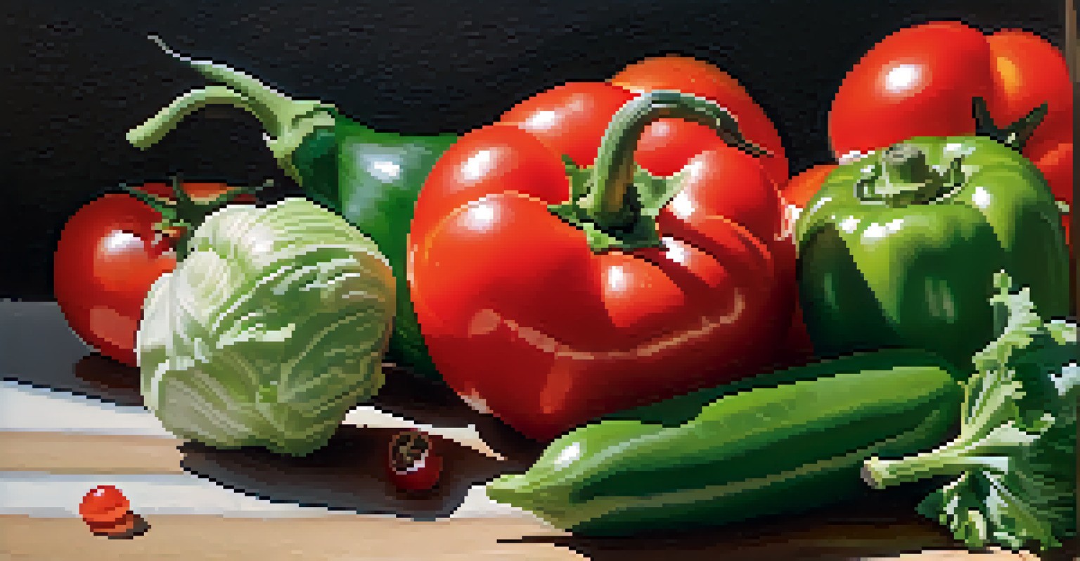 A close-up view of freshly harvested vegetables, including tomatoes, lettuce, and bell peppers, glistening in sunlight.