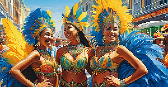 A colorful scene of samba dancers in elaborate costumes celebrating at the Carnaval San Francisco festival.