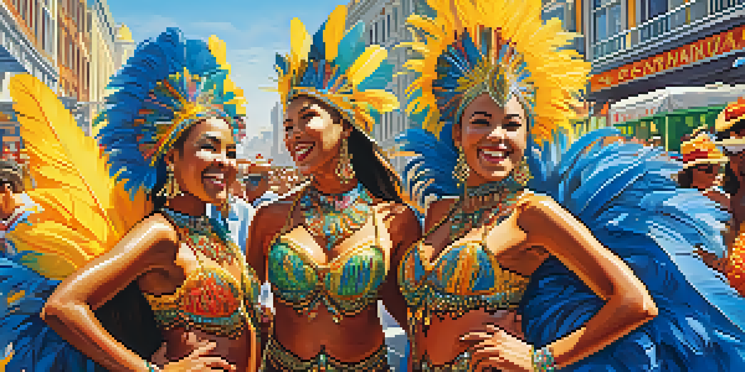 A colorful scene of samba dancers in elaborate costumes celebrating at the Carnaval San Francisco festival.