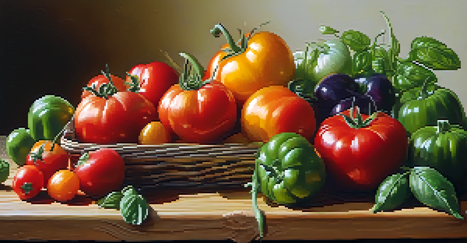A close-up view of a rustic table filled with various colorful seasonal vegetables and fruits, illuminated by soft natural light.