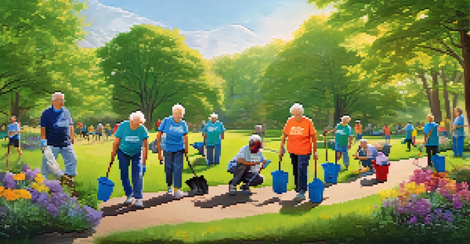 Seniors volunteering in a park, engaging in a clean-up activity with bright t-shirts and a sunny environment.