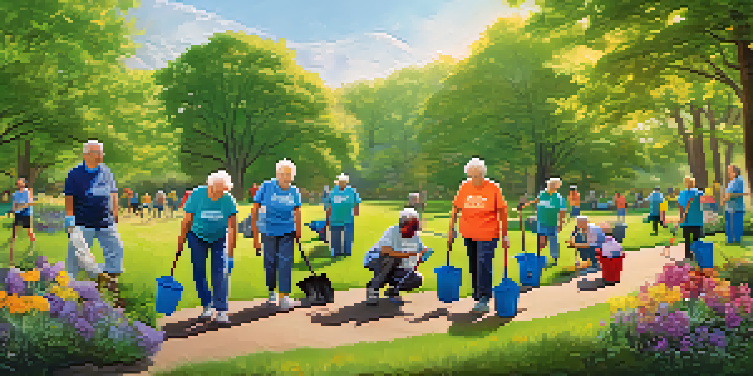 Seniors volunteering in a park, engaging in a clean-up activity with bright t-shirts and a sunny environment.