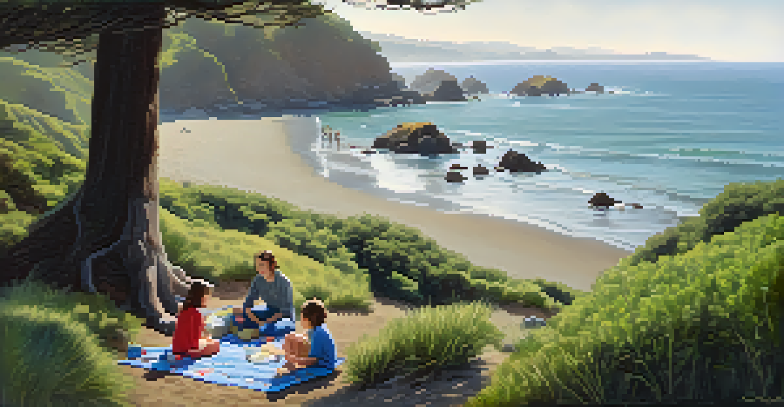 A family enjoying a quiet day at Muir Beach with children exploring tidal pools and parents relaxing on a picnic blanket.
