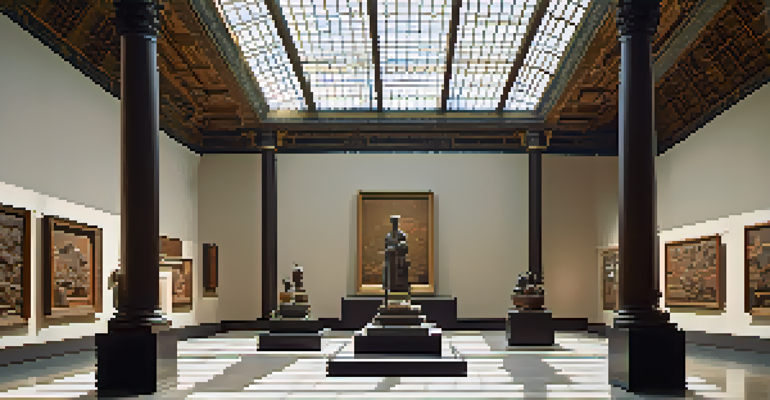 An interior view of the Asian Art Museum in San Francisco, displaying various traditional and contemporary art pieces.