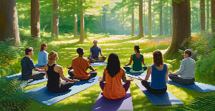A diverse group of people meditating in a forest clearing, surrounded by greenery and sunlight.