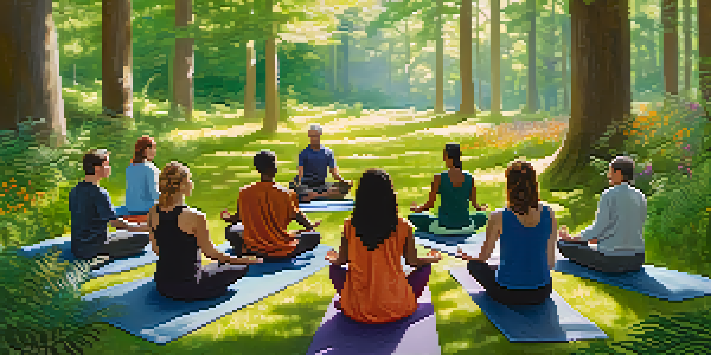 A diverse group of people meditating in a forest clearing, surrounded by greenery and sunlight.