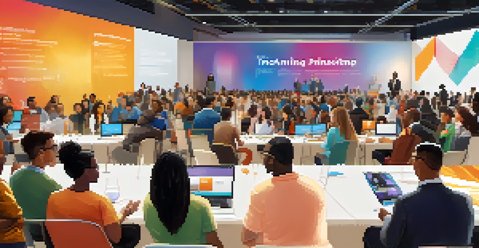 A lively tech conference with diverse attendees networking and sharing ideas in a spacious hall with colorful diversity banners.