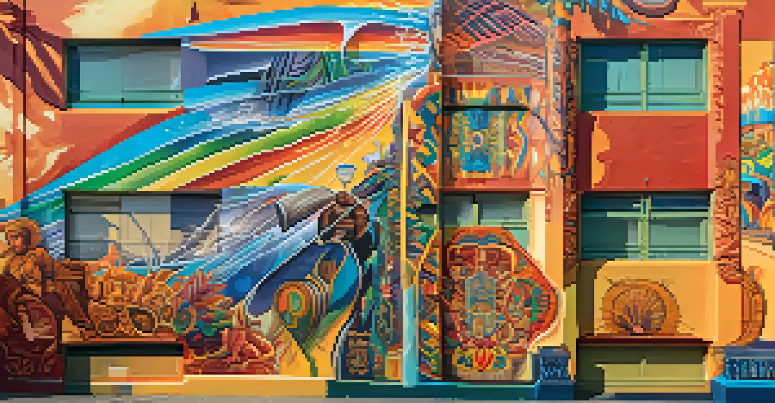 A colorful mural in the Mission District showcasing the Latinx community's history and resilience through vibrant artwork and intricate designs.