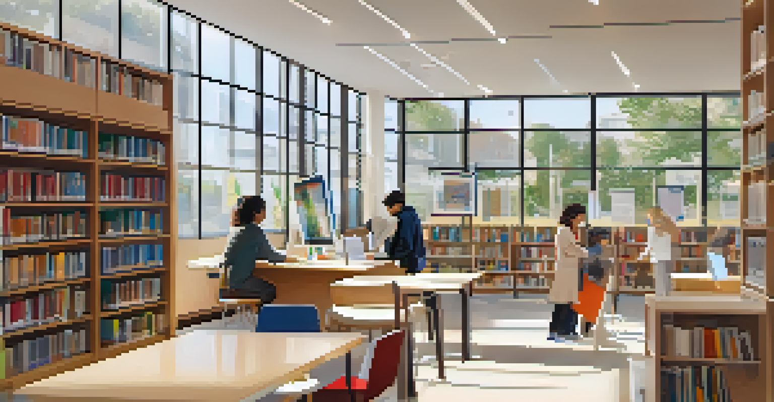 A quiet study area in a library with books in multiple languages, featuring a librarian assisting a patron and natural light creating a calm atmosphere.