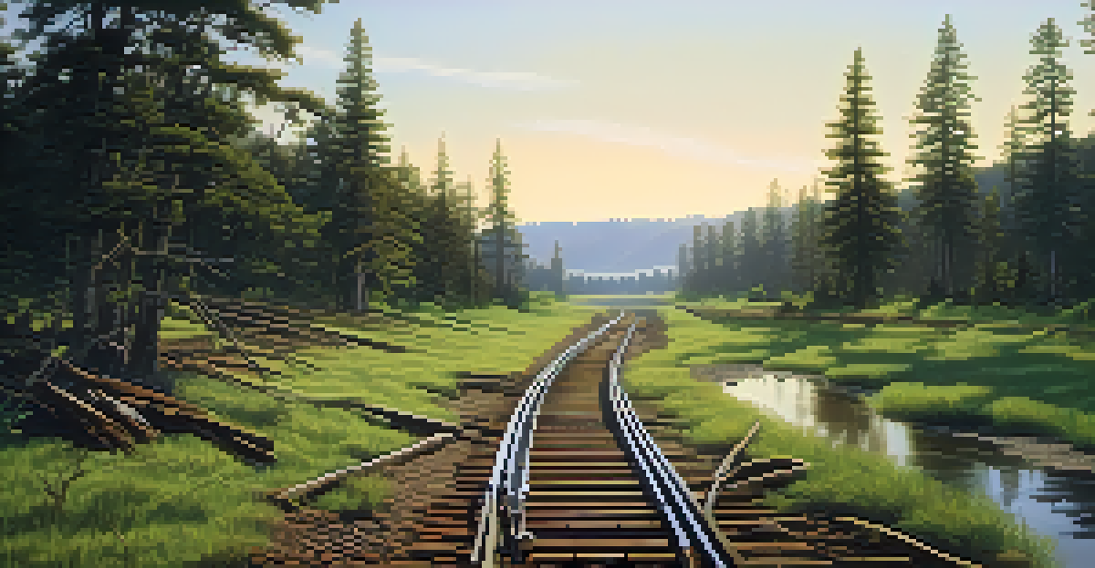 A landscape showing the environmental impact of the railroad, with cleared land on one side and untouched forest on the other.