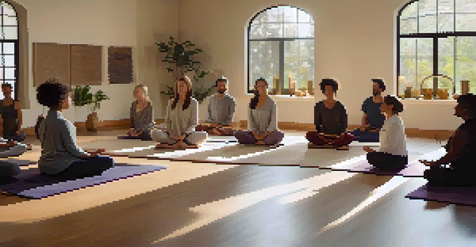A meditation studio with participants listening to an instructor during a guided meditation session.