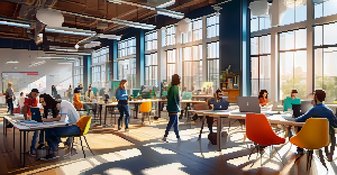 A lively co-working space with people from diverse backgrounds collaborating on projects, surrounded by modern furniture and bright sunlight.