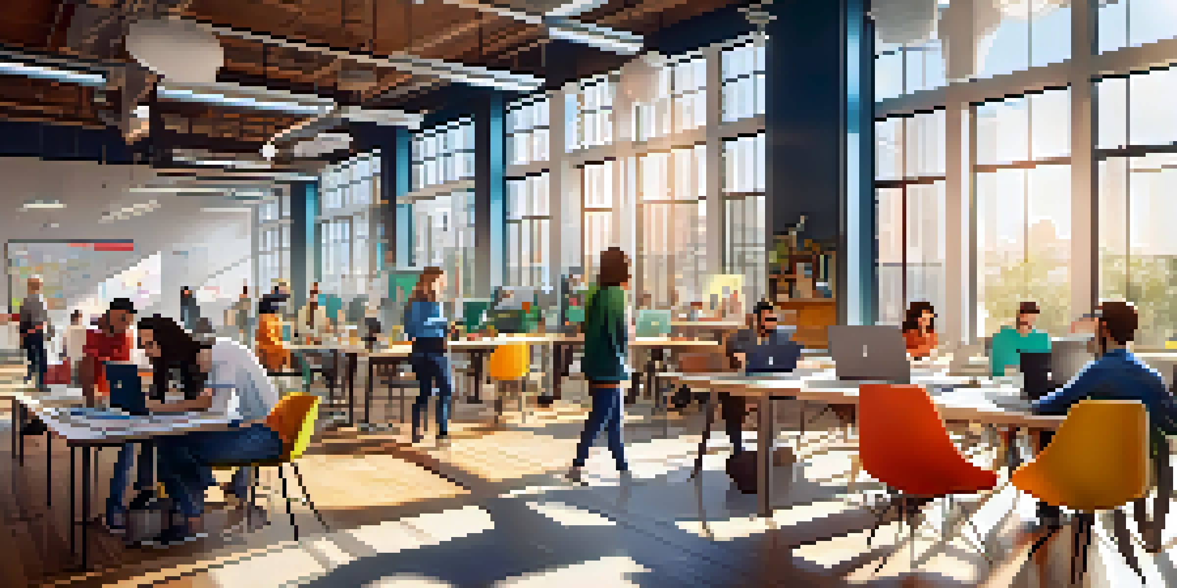 A lively co-working space with people from diverse backgrounds collaborating on projects, surrounded by modern furniture and bright sunlight.