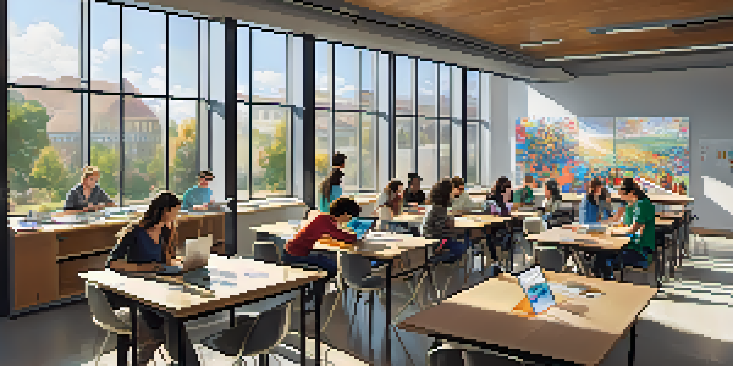 A bright classroom with students collaborating on projects using technology and engaging in hands-on learning activities.