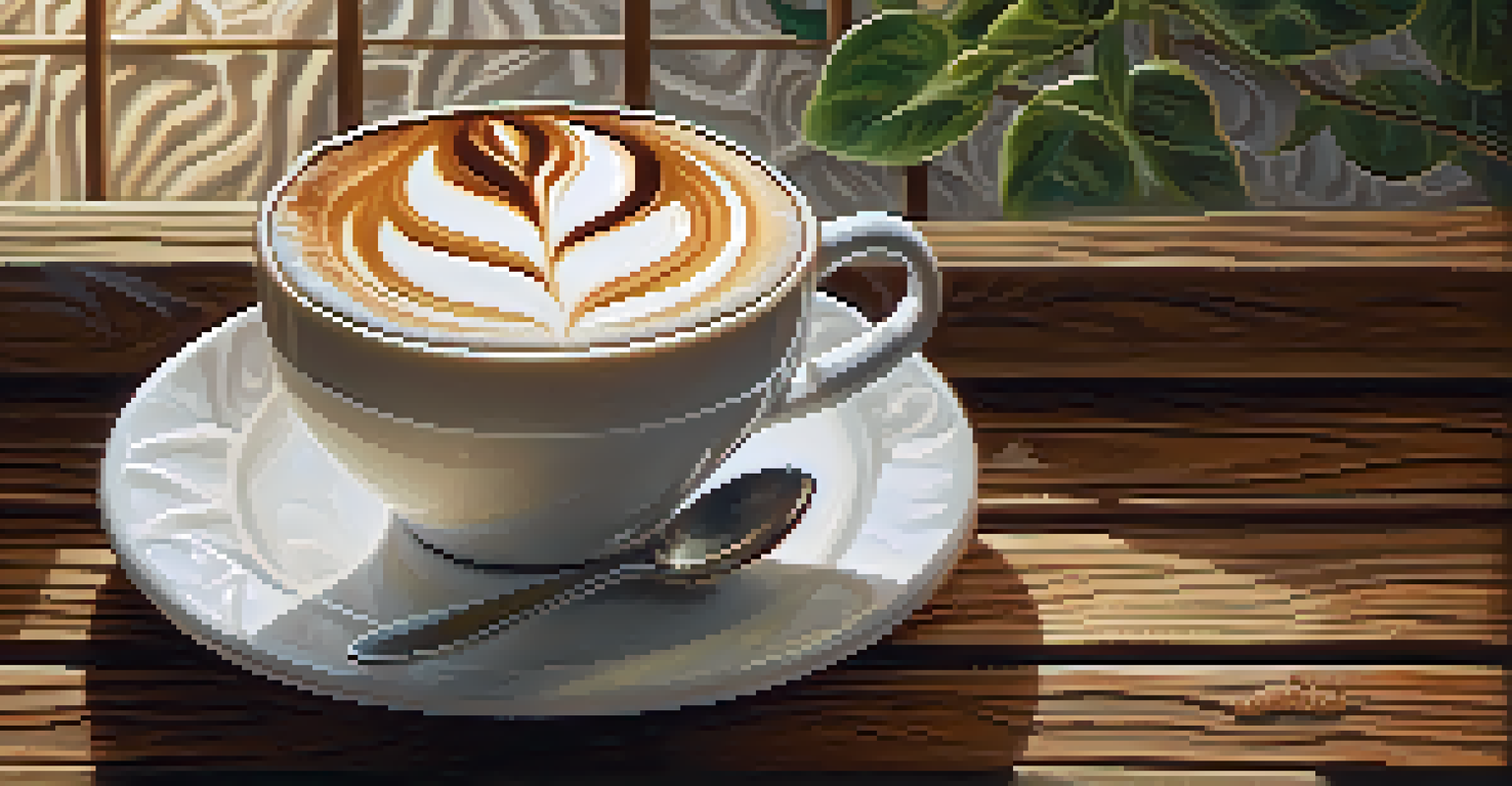 Close-up of a latte with intricate art on top placed on a wooden table.