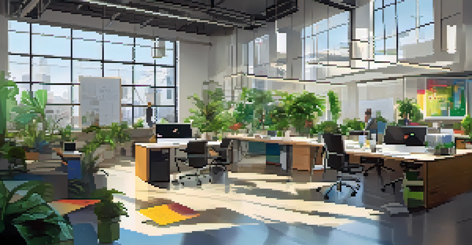 An interior view of a tech startup office in San Francisco, showcasing teams brainstorming in a modern workspace with plenty of natural light.